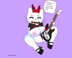 ac/dc accessory anthro big_breasts bow_ribbon breasts closed_eyes clothed clothing cool_s domestic_cat english_text felid feline felis female footwear guitar hair_accessory hair_ribbon hairbow hello_kitty hello_kitty_(character) hello_kitty_(series) high_heels hot_topic kitty_white makeup mammal mascot musical_instrument nipples open_mouth panties pantsless pink_nipples plucked_string_instrument raised_clothing ribbons sanrio savagensfw sharp_teeth simple_background sitting speech_bubble spread_legs spreading string_instrument sweetypuss teeth text thick_thighs underwear wide_hips