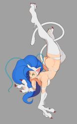 1girls ass athletic blue_hair capcom cat_ears cat_tail catgirl claws darkstalkers felicia female female_only fit fit_female green_eyes grey_background leaning_on_hand long_hair medium_breasts open_mouth paws sanchezisfine sharp_claws simple_background solo tail thick_thighs toe_claws upside-down white_fur