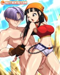 1boy 1girls abs aged_up black_eyes black_hair chain clothed clothed_female_nude_male clothed_sex crop_top daisy_dukes dragon_ball dragon_ball_gt female_saiyan fit_female from_behind from_behind_position headband jean_shorts long_hair looking_back midriff muscular_male open_mouth pan_(dragon_ball) reit sex short_shorts shorts teenage_girl teenager trunks_briefs vaginal_penetration watermark young