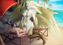 1futa 1girls beach beach_chair beach_umbrella bird_feet bird_girl bird_wings black_hair claws cowgirl_position deity feathers final_fantasy final_fantasy_xiv futanari garuda goddess green_eyes happy happy_sex harpy kemonomimi light_skin ocean pale_skin primal rabbit_ears red_eyes smile square_enix viera white_hair witchofavalon