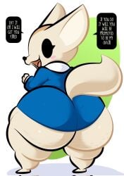 2d aggressive_retsuko aggretsuko anthro ass big_ass clothed clothing dialogue ekkokenight english_text female fenneko fur furry furry_only hi_res office_lady rear_view sanrio shortstack smooth_fur solo standing tagme tail text thick_thighs