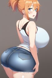 1girls adapted_costume ai_generated alternate_ass_size alternate_breast_size ass asymmetrical_hair bare_legs blue_eyes blush breasts creatures_(company) denim denim_shorts female female_only game_freak gen_1_pokemon gym_leader highres huge_ass huge_breasts kasumi_(pokemon) large_ass large_breasts legs nai_diffusion nintendo orange_hair pokemon pokemon_(game) pokemon_lgpe pokemon_rgby ponytail shirt short_hair short_shorts shorts side_ponytail solo stable_diffusion white_shirt