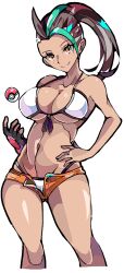 1girls bare_shoulders bikini black_hair breasts brown_eyes brown_skin enpe female female_only game_freak hand_on_hip large_breasts long_hair nemona_(pokemon) nintendo pokemon pokemon_sv skimpy_clothes slim_waist smile white_bikini