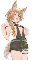 arknights beanstalk_(arknights) black_bra black_collar black_shorts blush bra braid breasts brown_eyes collar cowboy_shot female highres hyena_ears hyena_girl hyena_tail infection_monitor_(arknights) kochiya_(gothope) long_hair micro_bra oerba_yun_fang open_mouth shorts simple_background skin_fang small_breasts solo suspender_shorts suspenders underwear undone_bra white_background