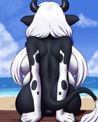 animal_print anthro anus back_boob big_breasts black_body black_fur bovid bovine breasts cattle cow_print female fur furball_(artist) hi_res mammal moette multi_breast puffy_anus raised_tail rear_view side_boob solo twintails_(hairstyle) white_body white_fur