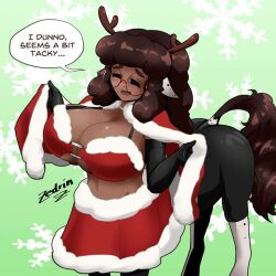 antler_headband big_breasts bikini black_gloves breasts brown_hair cape cashmere_(zedrin) centaur centauress christmas christmas_bikini dark-skinned_female dark_skin glasses gloves horse_ears monster_girl santa_costume skirt tail zedrin