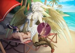 1futa 1girls animal_ears areolae beach beach_chair beach_umbrella bird_feet bird_girl bird_wings black_hair breasts claws cowgirl_position cum cum_in_pussy cum_inside deity detailed_background duo ejaculation feathers female final_fantasy final_fantasy_xiv futa_on_female futanari garuda goddess green_eyes happy happy_sex harpy humanoid humanoid_penis impregnation kemonomimi light-skinned_futanari light_skin looking_pleasured nipples nude ocean on_back orgasm pale_skin penis primal rabbit_ears red_eyes sex smile square_enix vaginal_penetration viera white_hair wings witchofavalon x-ray