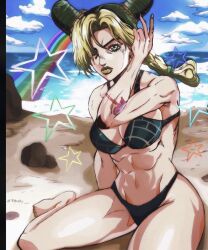 1girls abs beach bikini breasts female female_only fully_clothed green_hair human jojo's_bizarre_adventure jolyne_kujo light-skinned_female light_skin long_hair muscular muscular_female rainbow shounen_jump solo stone_ocean swimsuit swimwear tattoo two_tone_hair z3husky