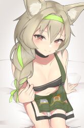 absurdres aoi_mochio apron areola_slip arknights beanstalk_(arknights) braid breasts brown_eyes brown_hair collarbone female from_above green_apron green_hairband hair_between_eyes hair_intakes hairband highres hyena_ears hyena_girl navel side_braid single_braid sitting small_breasts smile solo