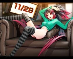 bottomless calne_ca deino_(artist) hoodie maeda_koutarou red_eyes sitting_on_couch stockings