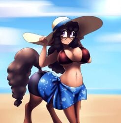 beach beach_towel bike_shorts bikini breasts brown_hair cashmere_(zedrin) centaur centauress dark-skinned_female dark_skin glasses horse horse_ears horse_tail monster_girl sunhat swimsuit tail towel zedrin