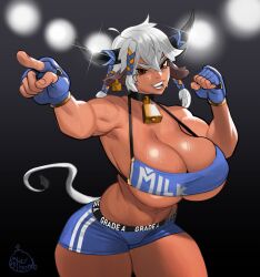 1girls big_breasts bitterbomb commission cow_ears cow_girl cow_horns cow_tail cowbell ear_tag female female_only fighting_gloves fingerless_gloves horns looking_at_viewer muscles muscular muscular_female orange_eyes pointing pointing_at_viewer smiling smiling_at_viewer solo sportswear sweet_dynamite tail thick_thighs tied_hair very_high_resolution white_hair