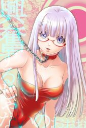 bangs blunt_bangs breasts chain_leash chained chains cleavage collar doujin_cover female female_only gintama glasses hand_on_hip hime_cut inobori_kaeru lavender_hair leotard light_purple_hair long_hair looking_at_viewer medium_breasts mole_under_eye official_alternate_costume parted_lips purple_eyes purple_hair red-framed_glasses red_leotard sarutobi_ayame solo