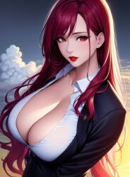 1girls ai_generated cleavage clothed_female female female_only high_resolution highres kurenai_(claire_miyamoto) long_hair nai_diffusion original red_hair seductive_look solo stable_diffusion