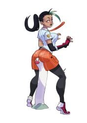 between_ass black_hair blush erect_nipples fat_ass human_on_pokemon medium_breasts necktie nemona_(pokemon) nintendo phallic_looking pokémon_(species) pokemon pokemon_sv ponytail scharlottelambo school_uniform shorts shrunken_irises simple_background surprised tan_skin tie tight_clothing tight_shirt uniform white_background wiglett