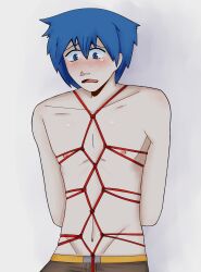 blue_hair blush bondage half-dressed kaito_(vocaloid) male tied_up vocaloid