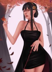 1girls assassin clothed_female dress female female_only human knife leaves realistic red_lipstick sfw_version sleeveless_dress solo spy_x_family stiletto_(weapon) thorn_princess vellkiss yor_briar yor_forger