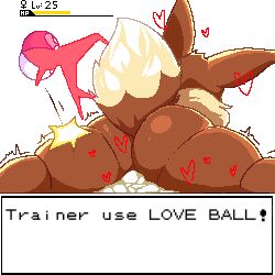 absurd_res anthro ass bodily_fluids brown_body chocomenta cum cum_in_pussy cum_inside eevee english_text female generation_1_pokemon genital_fluids hi_res nintendo pixel_art pokémon_(species) pokeball pokemon pokemon_(species) pokemorph simple_background solo spread_legs spreading text video_games white_background