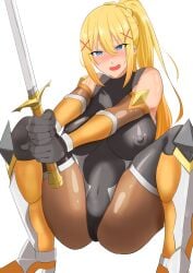 1girls bangs big_breasts blonde_hair blue_eyes blush bodysuit braid breasts cosplay covered_erect_nipples crown_braid darkness_(konosuba) hair_ornament highres igawa_sakura_(cosplay) kono_subarashii_sekai_ni_shukufuku_wo! large_breasts leotard long_hair open_mouth ponytail solo squatting sword taimanin_(series) taimanin_suit thick_thighs very_long_hair weapon white_background x_hair_ornament