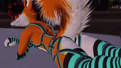 3d anthro anthro_only arm_warmers black_hair black_markings canid canine fox fur furry furry_only green_eyes harness junowo light_belly male male_only orange_fur orange_hair rexouium stockings tagme twitter url vr_media vrchat vrchat_avatar warmers white_belly white_fur