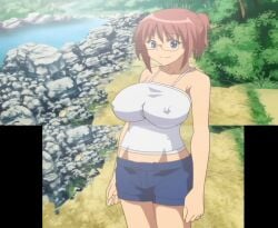 1girls big_breasts blue_eyes breasts brown_hair busty chichinoya covered_erect_nipples denim denim_shorts female female_only glasses highres huge_breasts isshoni_h_shiyo looking_at_viewer midriff natsukawa_hina ponytail river screencap screenshot shorts smile solo stitched tank_top third-party_edit voluptuous water