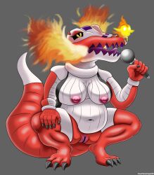 absurd_res anthro breasts crouching female fire genitals heartlessangel3d hi_res microphone nintendo pokémon_(species) pokemon pokemon_sv pussy scalie skeledirge solo video_games