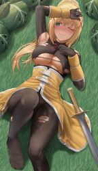 1girls armor armpits bangs big_breasts black_legwear blonde_hair blue_eyes bodysuit braid breasts darkness_(konosuba) gloves grass hair_between_eyes hair_ornament highres kono_subarashii_sekai_ni_shukufuku_wo! large_breasts long_hair lying no_shoes on_back on_grass on_ground one_eye_closed ponytail silvertsuki solo torn_bodysuit torn_clothes torn_legwear very_long_hair x_hair_ornament