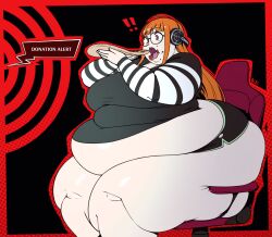 ! !! atlus bbw belly better_with_salt big_ass big_belly big_breasts breasts chair chubby chubby_female curvy eating fat female female_only food gaming_chair glasses headphones huge_ass huge_belly huge_breasts hyper_ass hyper_belly hyper_thighs large_ass large_belly large_breasts morbidly_obese morbidly_obese_female obese obese_female orange_hair overweight persona persona_5 pizza sakura_futaba speech_bubble ssbbw streamer streaming text thick_arms thick_thighs tight_clothing