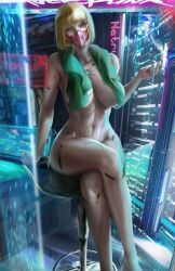 1girls big_breasts blonde_hair casual cd_projekt_red cyberpunk:_edgerunners cyberpunk_2077 female female_only human kiwi_(edgerunners) legs_crossed light-skinned_female netflix orca.huang pale_skin studio_trigger towel