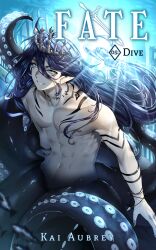 1boy abs alpha_male athletic_male bishonen bishounen bl blue_eyes blue_hair crown demon evil evil_grin fantasy gay incubus jock kaiaubrey male male_focus male_only mermaid merman muscles muscular muscular_male novel_illustration octopus_humanoid scylla story story_at_source tattoos tentacle twink underwater underwater_scenery yaoi