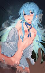 1boy 1girls bangs blue_eyes blue_hair blue_nails blush breasts cardigan censored choker cowgirl_position dark-skinned_male dark_skin female hair_between_eyes hair_ribbon hcz_n hololive hololive_gen_0 hololive_japan hoshimachi_suisei interracial lace lace_choker light-skinned_female light_blue_ribbon light_skin long_hair looking_at_viewer mosaic_censoring naked_cardigan neck_ribbon nipples open_cardigan open_clothes open_mouth ribbon sidelocks small_breasts star_(symbol) star_in_eye straddling symbol_in_eye virtual_youtuber