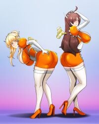 2girls absurdres ass ass_expansion blonde_hair brainwashing breasts brown_hair darkness_(konosuba) female_only femsub hair_covering_one_eye high_heels huge_breasts hypnosis kono_subarashii_sekai_ni_shukufuku_wo! latex long_hair looking_at_viewer maid male_pov maledom mind_control multiple_girls multiple_subs opera_gloves orange_eyes ponytail pov pov_dom shinzu031 tech_control very_long_hair wind-up_key wiz_(konosuba)