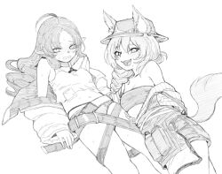 2girls :d ahoge arknights bare_shoulders beanstalk_(arknights) braid breasts clothes_pull crop_top ears_through_headwear fangs female female_only haiokumantan hair_between_eyes hat hyena_ears hyena_girl hyena_tail id_card long_hair looking_at_viewer lying midriff multiple_girls myrtle_(arknights) navel no_pants off_shoulder on_back on_side open_mouth panties pointy_ears shirt_pull simple_background small_breasts smile strapless sweat tank_top tube_top underwear wavy_hair wavy_mouth white_background