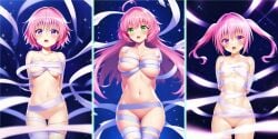 3girls ai_generated big_breasts breasts devilukean female flat_chest green_eyes lala_satalin_deviluke long_hair momo_velia_deviluke nana_asta_deviluke pink_hair short_hair sisters to_love-ru violet_eyes