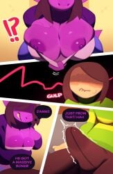 2022 ?! anthro areola big_areola big_breasts big_nipples big_penis bottomwear breasts brown_hair chubby clothed clothing comic dark_nipples deltarune dialogue duo english_text erection erection_under_clothing female flashing flashing_breasts hair hi_res huge_breasts human jacket kris_(deltarune) lizard male mammal nipples pants purple_areola purple_body purple_nipples purple_skin reptile scalie shirt susie_(deltarune) svarzye teeth text topwear undertale_(series) video_games