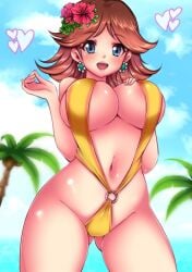 1girls big_breasts blue_eyes breasts brown_hair busty cleavage female female_only grin heart large_breasts legs looking_at_viewer mario_(series) navel nintendo open_mouth outdoors palm_tree princess princess_daisy shiny shiny_skin short_hair sling_bikini slingshot_swimsuit smile solo spoken_heart standing sugarbell swimsuit thick_thighs thigh_gap thighs tree underboob