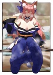 1girls blue_legwear blush fate/extra fate/extra_ccc fate/grand_order fate_(series) feet foot_fetish foot_focus fox_girl kikimifukuri pink_hair sitting solo steamy tabi tagme tamamo_no_mae_(fate)