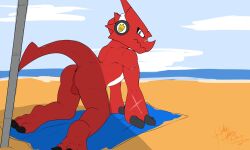 absurd_res all_fours anthro anus ass axl_shoutmon backsack balls bandai_namco beach beach_umbrella beachside claws digimon digimon_(species) genitals headphones heibanhikaru hi_res male nude presenting presenting_anus red_body scalie scar sea seaside shoutmon solo water