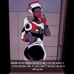 alien alien_girl ass big_ass big_butt blue_eyes butt cellphone kingshamming legwear nurse panties phone red_alert red_alert_(femme) red_lipstick robot robot_girl robot_humanoid sinigknighted text thick_thighs transformers transformers_animated white_panties