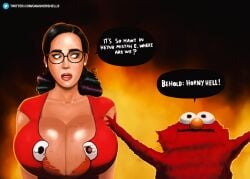 big_breasts black_hair blue_eyes breasts celebrity cleavage dyed_hair elmo eyebrows glasses gnashershells katy_perry looking_to_the_side massive_breasts maureen_diccico nerd nerdy_female open_mouth real_person ripped_clothing ripped_shirt saturday_night_live sesame_street speech_bubble sweat sweatdrop sweating text twintails worried