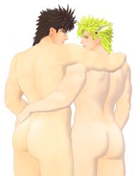 14_dicks 2boys 3d_(artwork) ass ass_focus back back_view bara battle_tendency blonde_hair blue_eyes brown_hair caesar_zeppeli facial_markings green_eyes hair_ornament hand_on_hip hand_on_shoulder jojo's_bizarre_adventure joseph_joestar male male/male male_only mikumikudance mmd muscular muscular_male nude nude_male posing presenting presenting_ass smug_face spiked_hair white_background