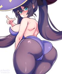 1girls alternate_breast_size ass ass_focus ass_shot back back_view bebatch black_hair breasts bubble_butt cameltoe female genshin_impact hat highleg_leotard huge_ass large_breasts large_hat leotard light-skinned_female light_skin long_hair mona_(genshin_impact) tights twintails witch_hat