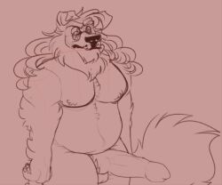 anonymous_artist anthro arm_fur balls big_penis canid canine canis chin_tuft domestic_dog eyewear facial_tuft floppy_ears fluffy fluffy_tail fur genitals glasses hair knot long_fur long_hair long_tail male mammal musclegut neck_tuft nipples penis small_balls solo tall tuft