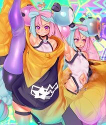 amber_eyes armpits arms_above_head blue_hair breasts cashumeru flexible hair_ornament iono_(pokemon) jacket leotard looking_at_viewer midriff navel navel_cutout open_mouth pink_hair pokemon pokemon_sv sharp_teeth small_breasts smile spats splits standing_split star-shaped_pupils sweat thick_thighs thigh_strap thighs undressing very_long_hair wide_hips