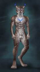 animal_genitalia anthro artist_name balls blue_eyes brown_body brown_fur brown_nipples brown_spots cheek_tuft digitigrade ear_tuft facial_tuft felid feline front_view full-length_portrait fully_sheathed fur genitals heterochromia hi_res himeragoldtail looking_at_viewer lynx male male_only mammal navel neck_tuft nipples nude pink_eyes portrait sheath simple_background solo spots spotted_arms spotted_body spotted_fur spotted_legs standing tuft whiskers white_balls white_body white_fur white_sheath