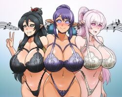 3girls ariane_glenys_maple arifureta_shokugyou_de_sekai_saikyou black_hair cleavage crossover drool elf elf_ears female female_only gaikotsu_kishi-sama_tadaima_isekai_e_o_dekake-chuu huge_breasts hypnosis judith lingerie mind_control pink_hair pointy_ears purple_hair shinzu031 skeleton_knight_in_another_world spiral_eyes tales_of_(series) tales_of_vesperia tio_klarus v voluptuous