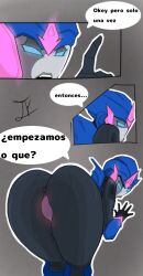 1girls anus arcee arcee_(prime) ass bending_over blue_eyes comic dialog dialogue female female_only pink_pussy puffy_anus pussy rear_view robot robot_girl robot_humanoid solo spanish_text speech_bubble thewolkingvrd thick_ass thick_thighs transformers transformers_prime translation_request vagina