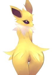 animal_ears animal_nose ass b-epon bangs black_sclera blonde_hair blush blush_stickers body_fur cleft_of_venus closed_mouth colored_sclera commentary cowboy_shot eeveelution english_commentary female from_behind fur_collar furry furry_female generation_1_pokemon highres jolteon leaning_forward looking_at_viewer looking_back nintendo personification pokémon_(species) pokemon pokemon_(species) purple_eyes pussy shiny shiny_hair short_hair shy simple_background snout solo standing thigh_gap two-tone_fur uncensored white_background white_fur yellow_fur