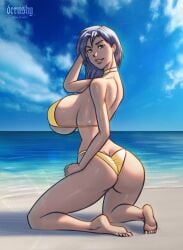 1girls ass beach bikini black_hair bubble_butt derushy green_eyes huge_breasts kneeling long_hair looking_at_viewer original original_character seaside tanned_skin voluptuous