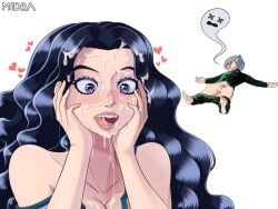 1boy 1girls after_fellatio after_oral blue_hair blush cum cum_on_face diamond_is_unbreakable facial female funny jojo's_bizarre_adventure koichi_hirose long_hair male meme midra purple_eyes yamagishi_yukako